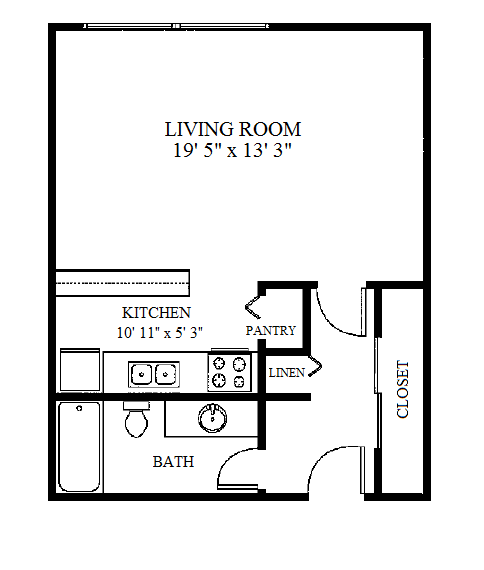 Floor plan for studio, 1 bath, 500 sqft